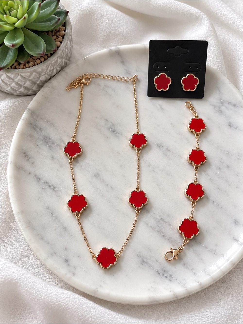 Gold-Tone Red Clover Necklace, Bracelet & Earring Set